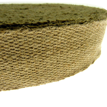 Close-up of a roll of beige hessian upholstery webbing on a white background