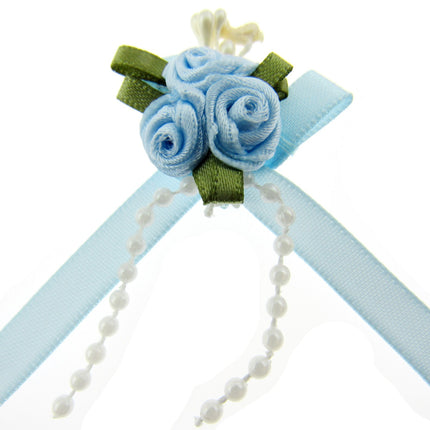 Rose Cluster Ribbon Bows with Green Leaves, Pearl String Beads & Stamens 53413GL
