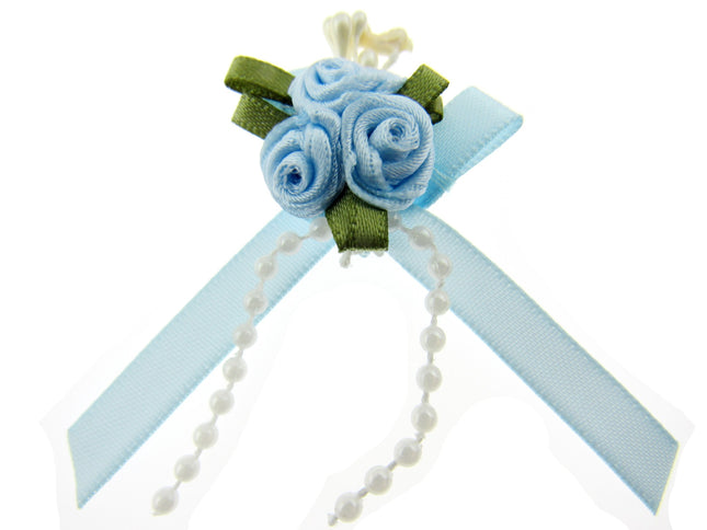 Rose Cluster Ribbon Bows with Green Leaves, Pearl String Beads & Stamens 53413GL