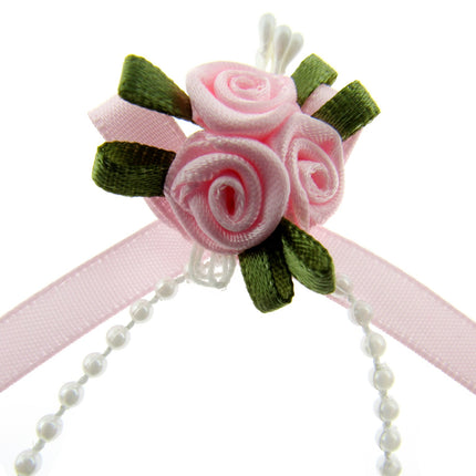 Rose Cluster Ribbon Bows with Green Leaves, Pearl String Beads & Stamens 53413GL