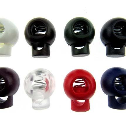 An array of cord locks in different colours on a white background