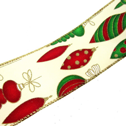 Wired Christmas Ribbon with Gold Sparkly Glittered Baubles - 2 Widths x2m- 46056 - ThreadandTrimmings