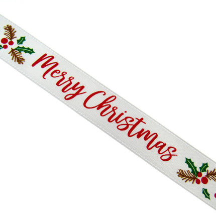 White Merry Christmas Ribbon x 3 Meters - (15mm) with Holly & Berries 55115