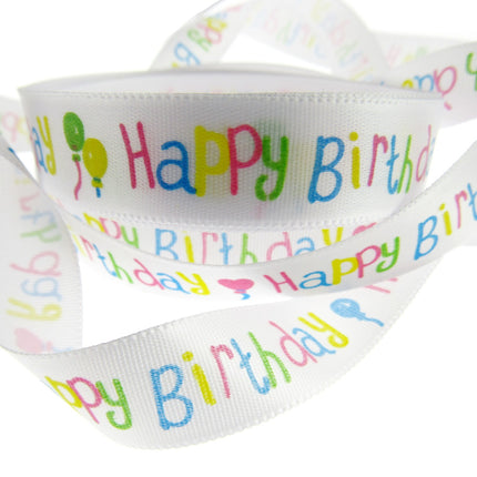 Happy Birthday Ribbon -White Single Sided Satin Ribbon with Woven Edge 15mm/25mm - ThreadandTrimmings