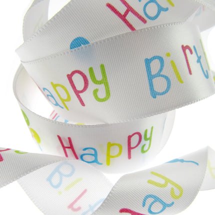 Happy Birthday Ribbon -White Single Sided Satin Ribbon with Woven Edge 15mm/25mm - ThreadandTrimmings