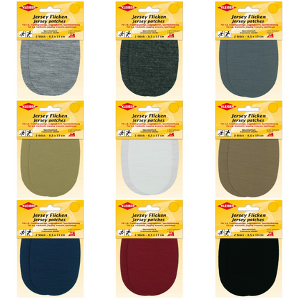 Packaging of jersey iron on patches in various colours on a white background