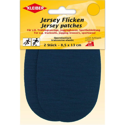 Kleiber jersey patches packaging with two blue patches on a beige background