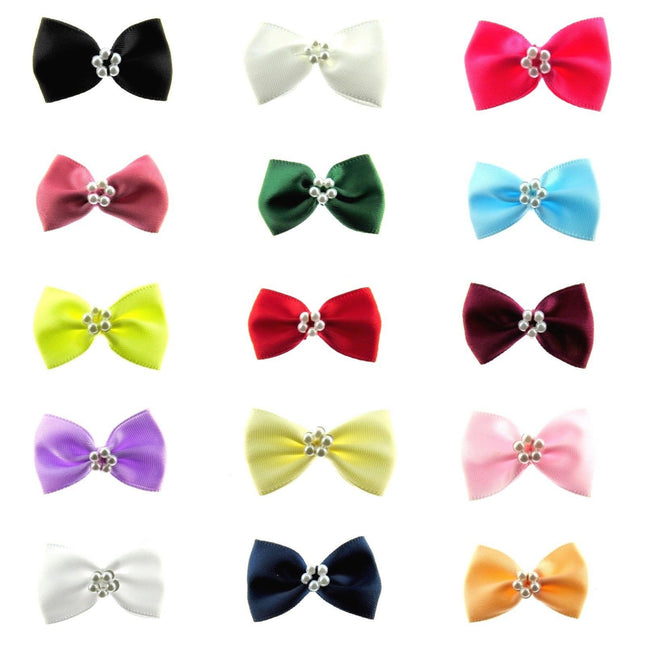 Satin Ribbon Bows With Pearl Ring Bow Tie Bows 14 Colours (34mm x 22mm)
