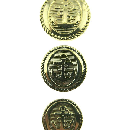 Three gold buttons with anchor design on a white background