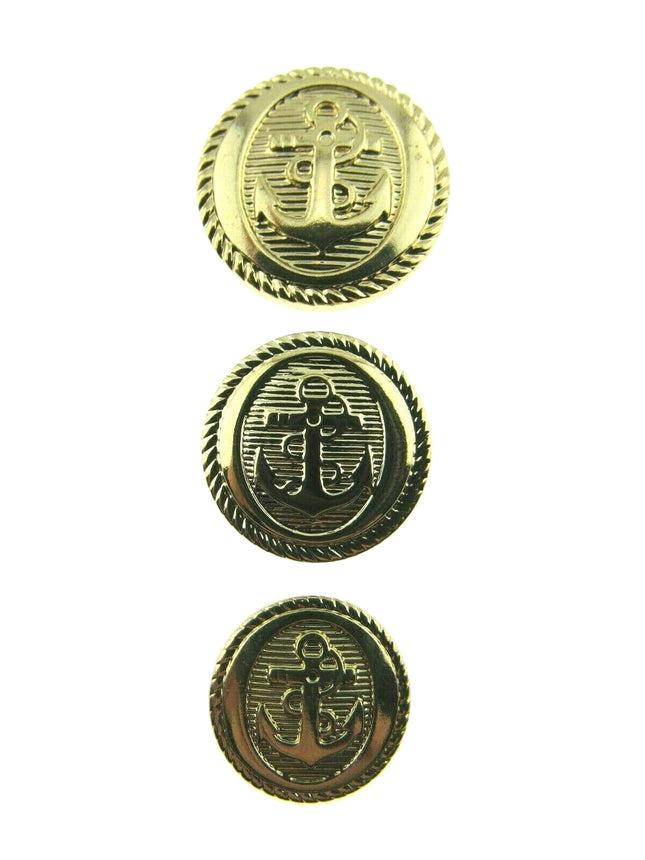 Three gold buttons with anchor design on a white background