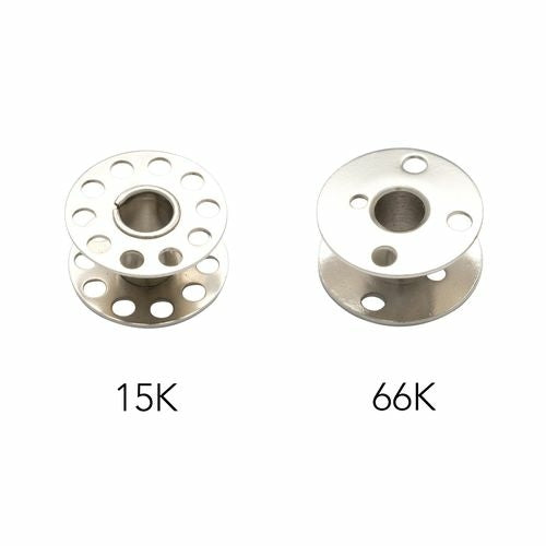 Two metal spools with sizes 15K and 66K on a white background