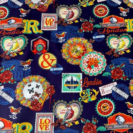 Bright Cotton Navy Fabric with Love London Theme - 100% Cotton Fabric 56" Wide