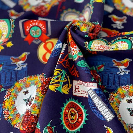 Bright Cotton Navy Fabric with Love London Theme - 100% Cotton Fabric 56" Wide