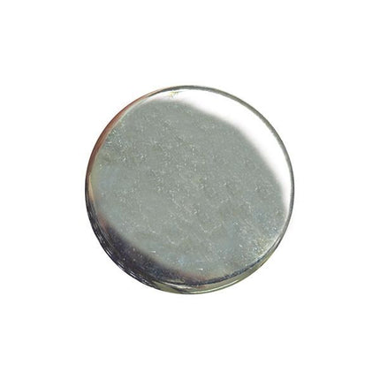 A single round polished silver metal blazer button with shank.