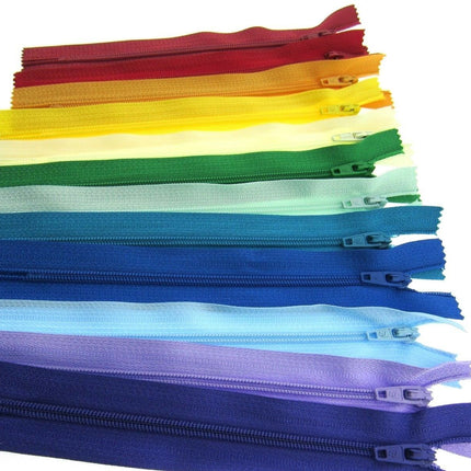 12 x Auto lock No 3 Nylon Closed End Zips - Rainbow Sample Mix - Bright Colours - ThreadandTrimmings