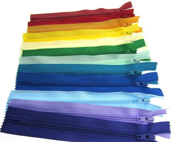 12 x Auto lock No 3 Nylon Closed End Zips - Rainbow Sample Mix - Bright Colours - ThreadandTrimmings