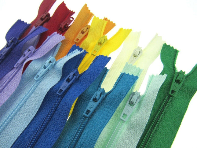 12 x Auto lock No 3 Nylon Closed End Zips - Rainbow Sample Mix - Bright Colours - ThreadandTrimmings