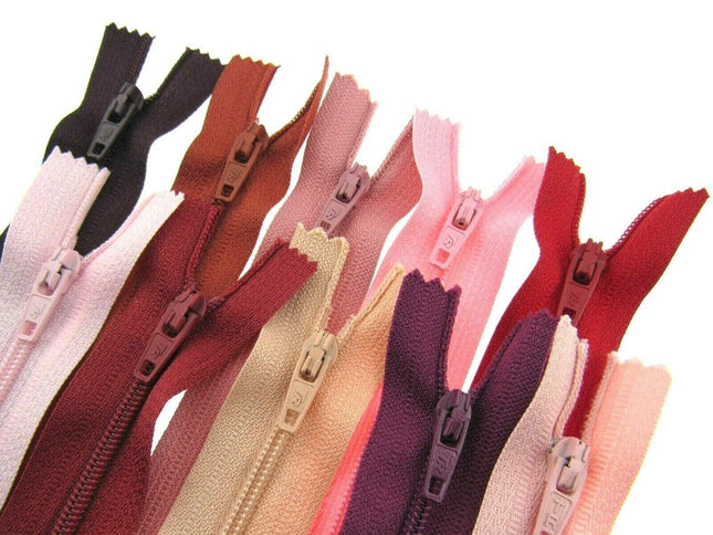 10 x Autolock No 3 Nylon Closed End Zips - RED / PINK Sample Mix - ThreadandTrimmings