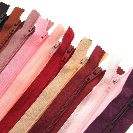 10 x Autolock No 3 Nylon Closed End Zips - RED / PINK Sample Mix - ThreadandTrimmings