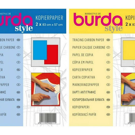 Packaging for Burda Tracing Paper Tissue Carbon Paper, showing two sheets in different colors, yellow and blue, with detailed instructions included.