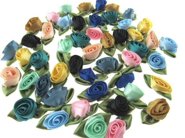 Large Satin Roses Ribbon Bows with Green Leaves - 50 Assorted - 30mm x 20mm