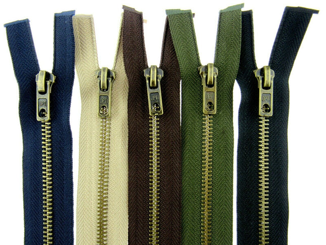 Antique Brass Metal Zipper – Optilon Open End 5mm Teeth, 5 Colours & Sizes - ThreadandTrimmings