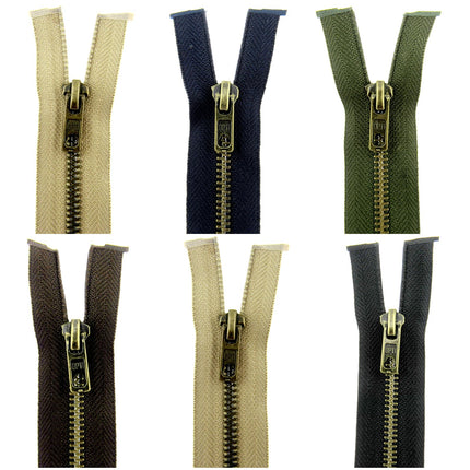 Antique Brass Metal Zipper – Optilon Open End 5mm Teeth, 5 Colours & Sizes - ThreadandTrimmings