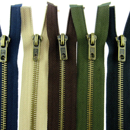 Antique Brass Metal Zipper – Optilon Open End 5mm Teeth, 5 Colours & Sizes - ThreadandTrimmings