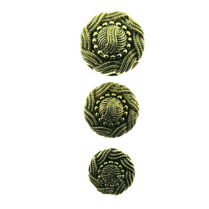 Three round antique gold turks head buttons with shank closure, displayed against a white background.
