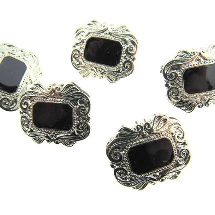 Oblong Plastic Silver Shank Buttons with Black Shiny Centre Art Deco Style CX17