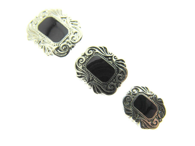 Oblong Plastic Silver Shank Buttons with Black Shiny Centre Art Deco Style CX17