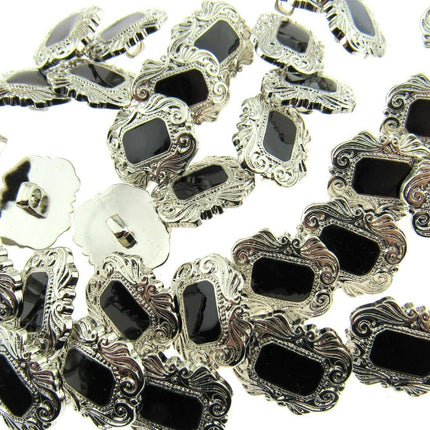 Oblong Plastic Silver Shank Buttons with Black Shiny Centre Art Deco Style CX17