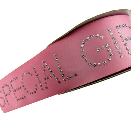 Pink Satin Ribbon with "Special Girl" Message in Daimante Print - 1m Length 40mm