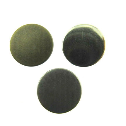 17mm no sew hammer home jean buttons in silver, gunmetal or antique brass sitting side by side in a row