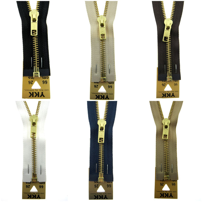 Selection of colourful YKK medium weight brass replacement zippers for jackets and sewing repair projects.
