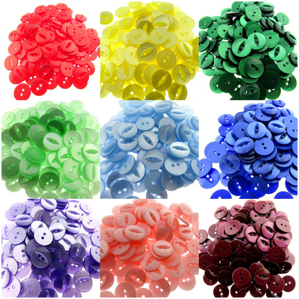 An assortment of Round Fish Eye Buttons in various solid colors displayed in separate piles.