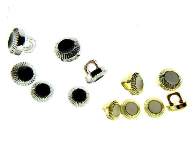 10mm PLASTIC DRESS SHIRT BUTTONS GOLD/WHITE & SILVER/BLACK P131 - ThreadandTrimmings