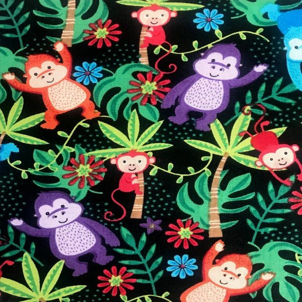 Black Cotton Fabric Print With Children's Gorilla Theme - 100% Cotton -2472-01