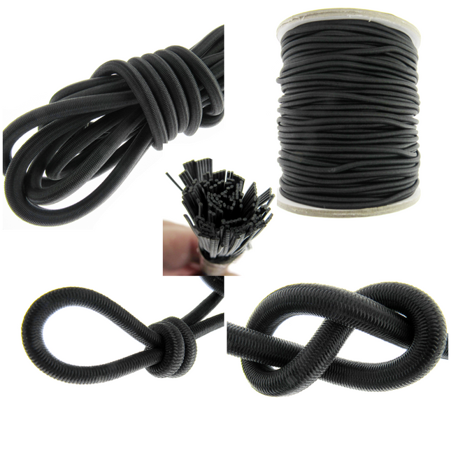 A collection of images showing black round bungee elastic shock cord in various states, including coiled, tied in a knot, and in a roll, against a white background.