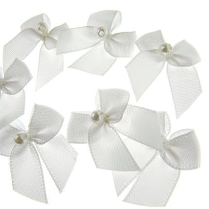 Mini Satin Ribbon Bows with Single Pearl - Choose From 20+ Colours - 22mm x 26mm - ThreadandTrimmings