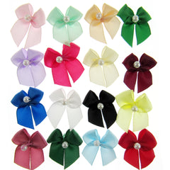 Mini Satin Ribbon Bows with Single Pearl - Choose From 20+ Colours - 22mm x 26mm - ThreadandTrimmings