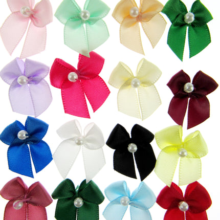 Mini Satin Ribbon Bows with Single Pearl - Choose From 20+ Colours - 22mm x 26mm - ThreadandTrimmings
