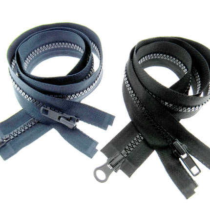 Two Way Open End Zips Chunky Plastic (No5 Weight) Opens Both Ends Black/Navy - ThreadandTrimmings