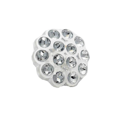 A round imitation diamante flower shank button with multiple crystal embellishments.