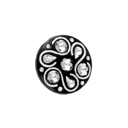 A black diamante flower shank button with a geometric pattern and sparkling rhinestones.