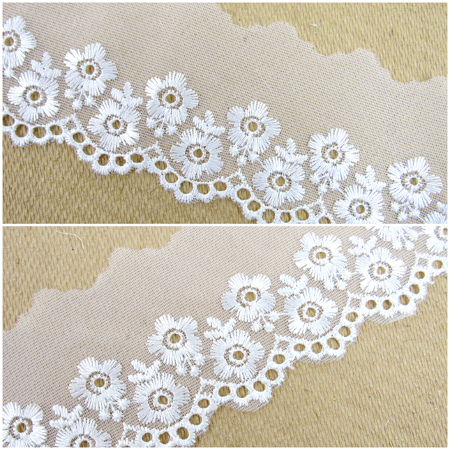Scalloped Lace with Embroidered Flower 55mm Wide x 3m White, Ivory or Pink 2106 - ThreadandTrimmings