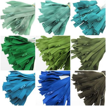 GREEN EARTH SAMPLE ZIP MIX - 10 ASSORTED GREEN COLOURS - CLOSED END NYLON ZIPS - ThreadandTrimmings