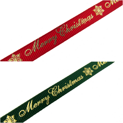 Merry Christmas Grosgrain Ribbon Snowflake 9mm - x 3m Length Red or Green 55098