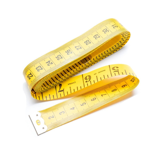 An extra long yellow tape measure with both imperial and metric measurements displayed in an extended form on a white background.