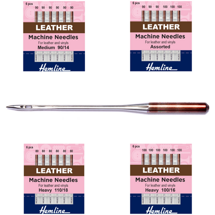 Packaging for Hemline leather machine needles, featuring needles inserted into pink cardstock with branding and needle size information.